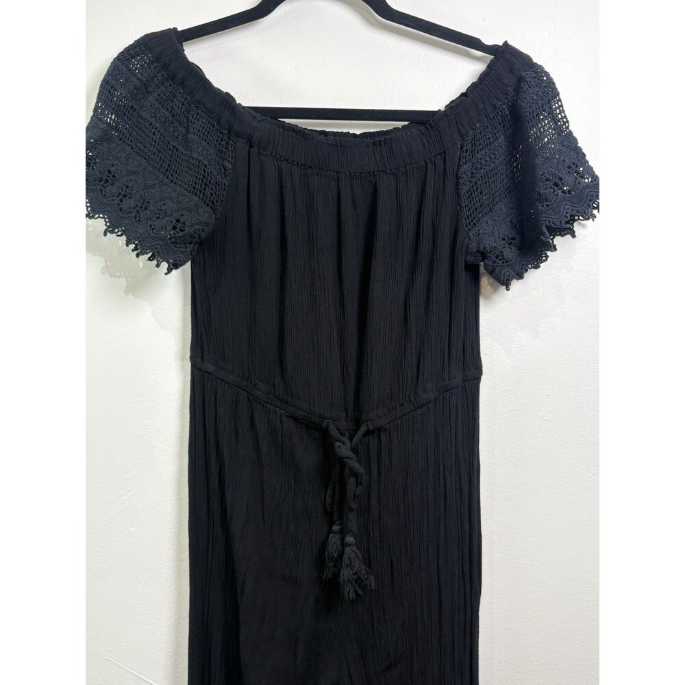 Blush Black Off-the-Shoulder Short Sleeve Lace Skinny Jumpsuit Tie L